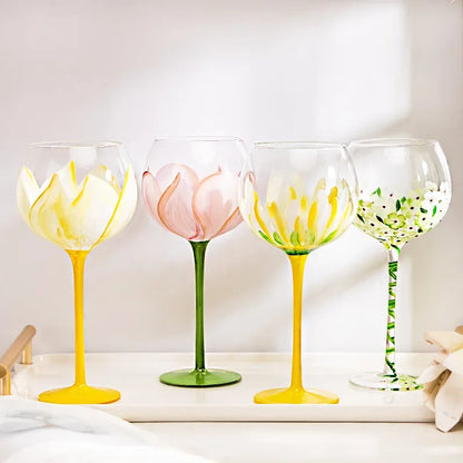 1 Piece Hand Painted Glass Goblet Cup Creative Red Wine Glasses Cup Flower Painted Stemware for Wedding Party Events - Shello's Creative Boutique