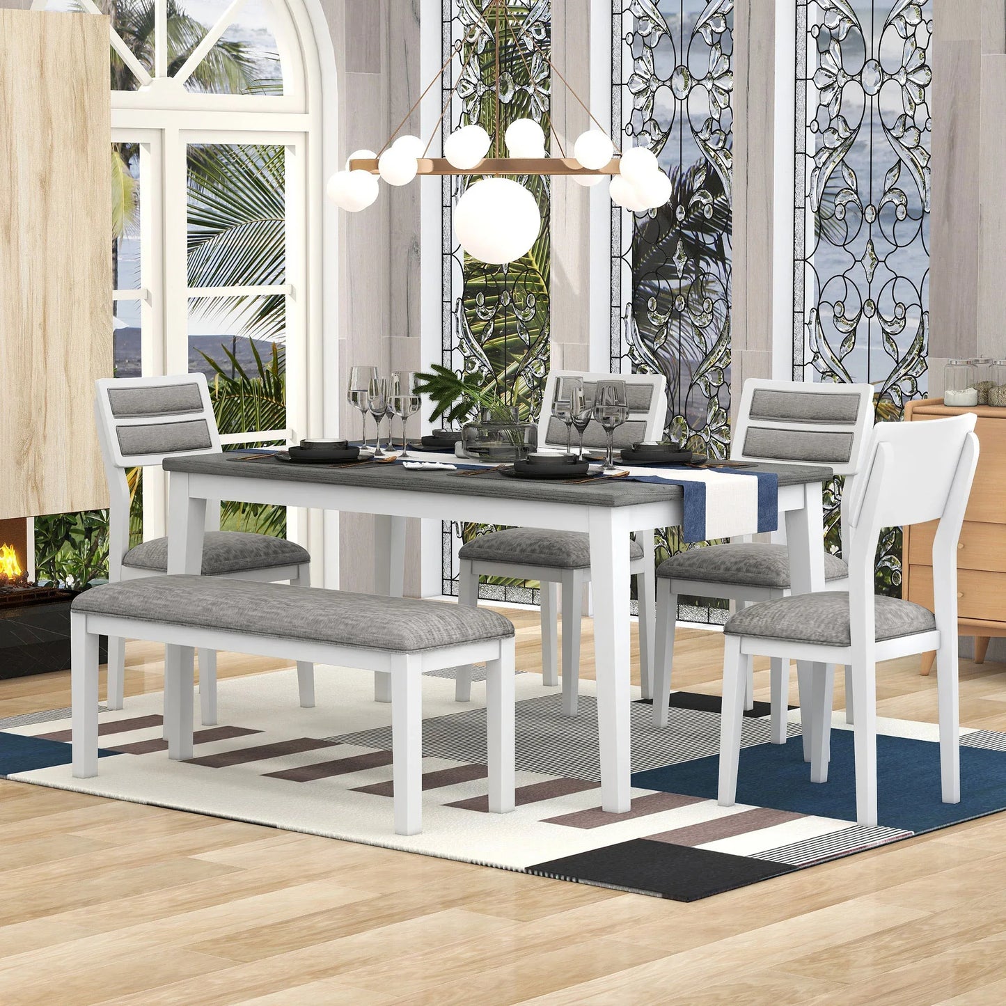 TREXM Classic and Traditional Style 6 - Piece Dining Set, Includes Dining Table 4 Upholstered Chairs & Bench (White+Gray) - Shello's Creative Boutique