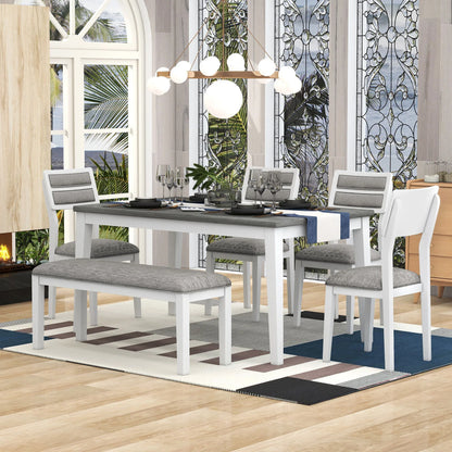 TREXM Classic and Traditional Style 6 - Piece Dining Set, Includes Dining Table 4 Upholstered Chairs & Bench (White+Gray) - Shello's Creative Boutique