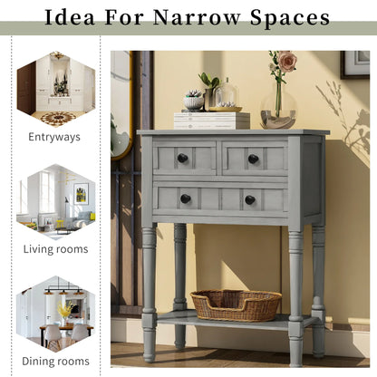 TREXM Narrow Console Desk, Thin Sofa Table with Three Storage Drawers and Living Room Bottom Shelves (Grey Washed) - Shello's Creative Boutique