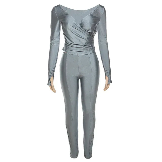 Autumn Solid Casual Two Piece Set Women Sexy Wrapped V Neck Off Shoulder Gloves Long Sleeve Crop Top Slim Split Pants Suits - Shello's Creative Boutique