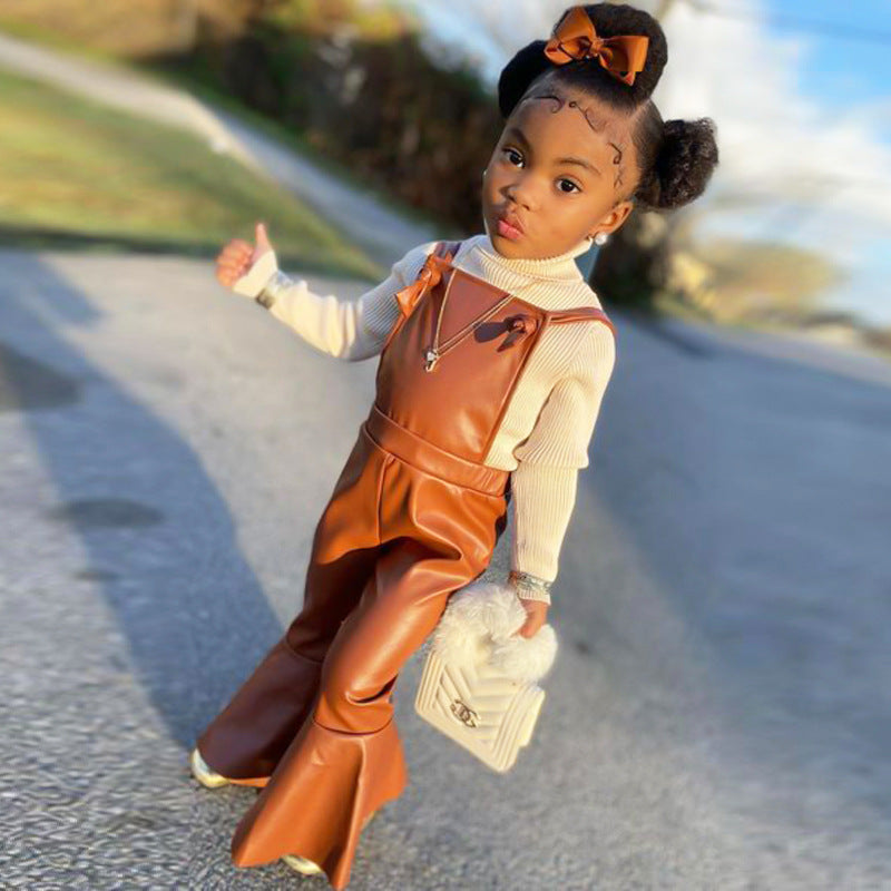 Children's Wear New Ins Style Children's Wear Girls' Suspenders Imitation Leather Pants Bow Bell Bottoms eprolo