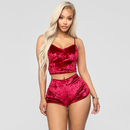 Velvet Tracksuit Sexy V Neck Spaghetti Straps Crop Top + Shorts Fashion Night Club Suits Two Piece Set Outfits eprolo