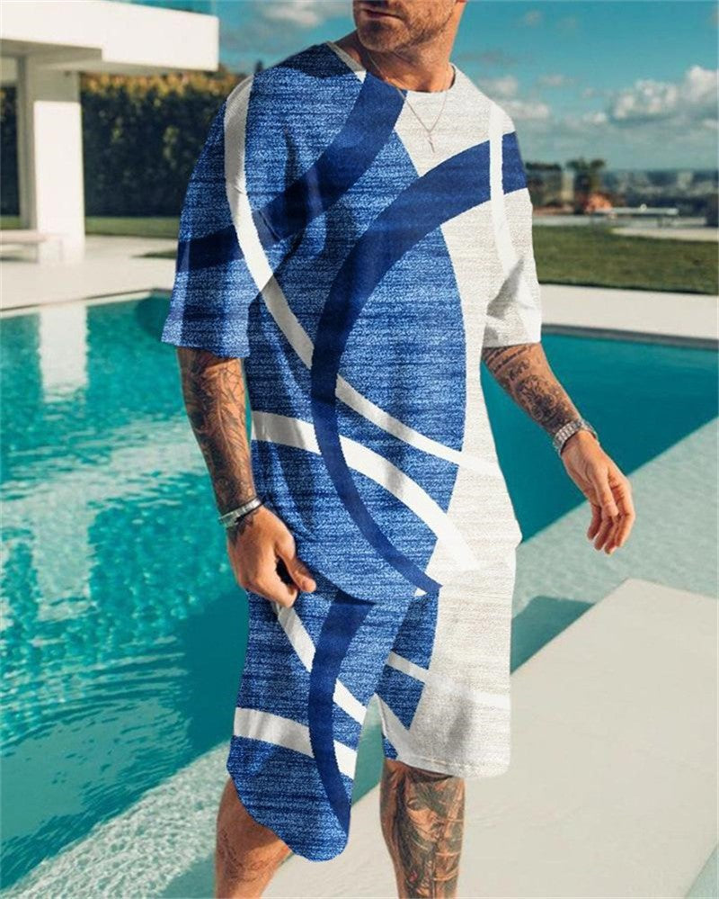 New Men's Korean Suit 3D Printing Trend Digital Printing Round Neck T-Shirt Casual Two-Piece Suit eprolo