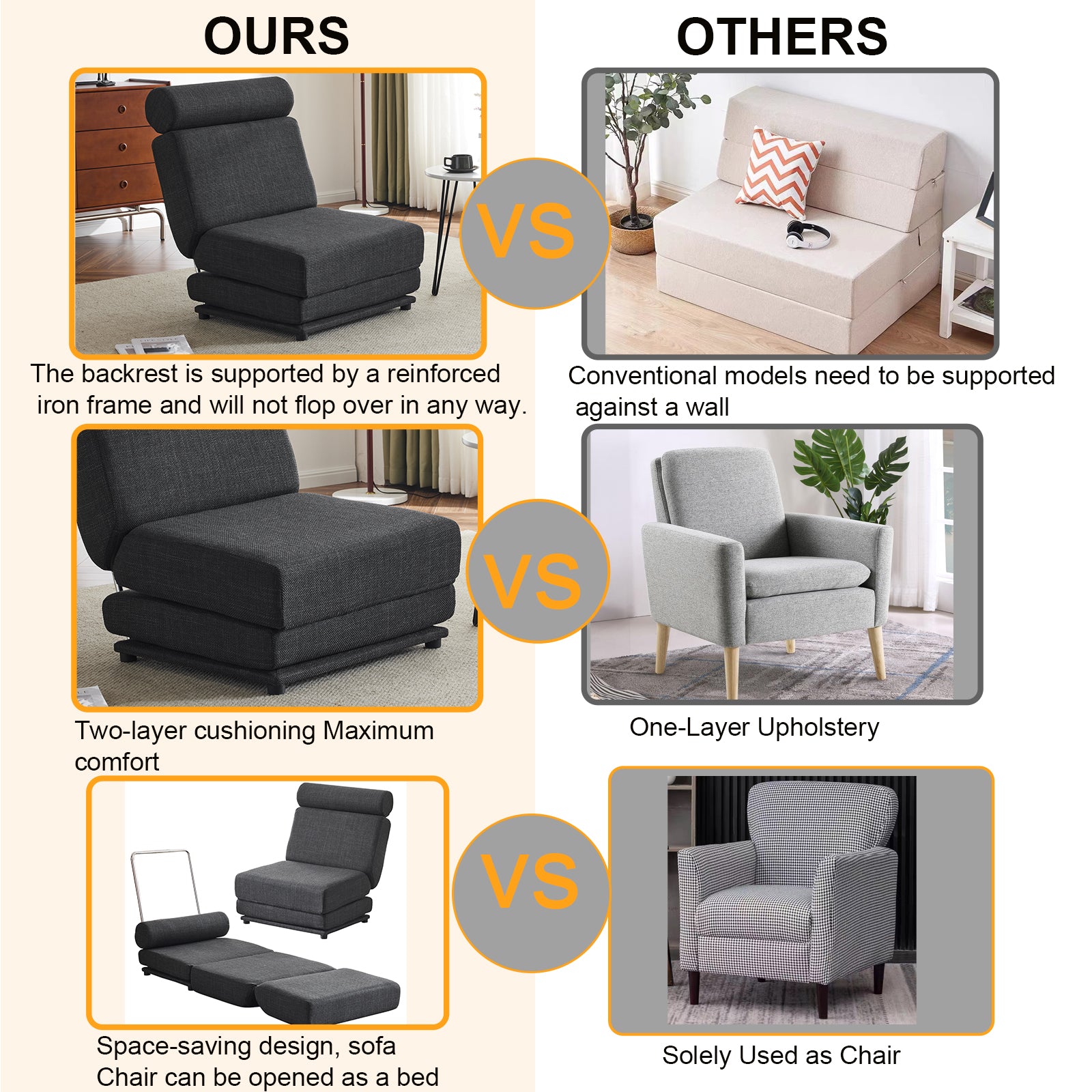 Single Sofa Chair Foldable Single Sofa Bed with Pillow,Portable Foldable Sofa Bed,Leisure Sofa Chair,Easy to Store, Dark Grey eprolo