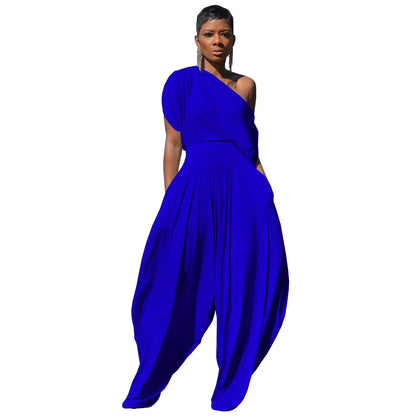Casual solid color cotton diagonal shoulder Harlan pants set, two-piece set - Shello's Creative Boutique