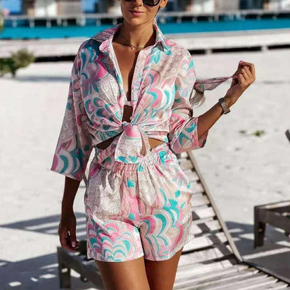 Red Print 3-Piece Set - Long Sleeve Blouse & Mini Shorts Y2K - Shello's Creative Boutique