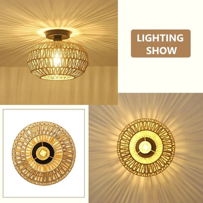 Rattan Light Fixtures Ceiling Mount Light Fixture with Dimmable LED Bulb Mini Hand Woven Rattan - Shello's Creative Boutique