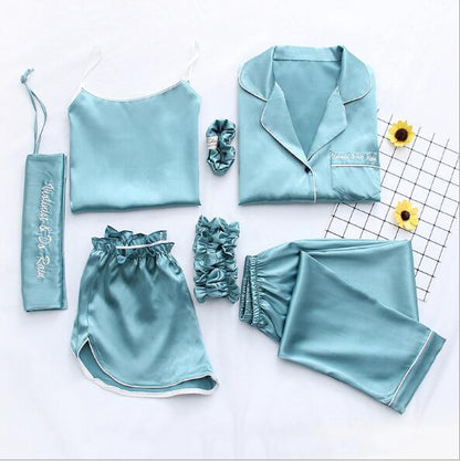 Fdfklak Home Clothes Sexy Pijama 7 Pieces Silk Pajamas For Women Night Suit Sleepwear Sets Pyjamas Women Spring Summer Q1047 eprolo
