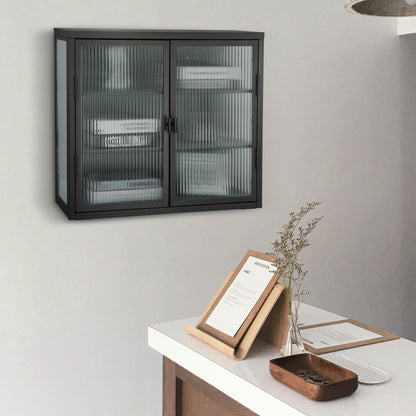 Retro Style Haze Double Glass Door Wall Cabinet With Detachable Shelves for Office Dining Room Living Room eprolo