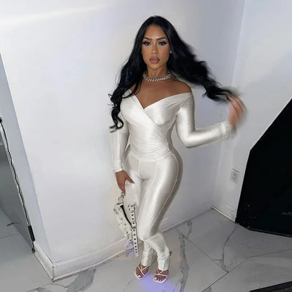 Autumn Solid Casual Two Piece Set Women Sexy Wrapped V Neck Off Shoulder Gloves Long Sleeve Crop Top Slim Split Pants Suits - Shello's Creative Boutique