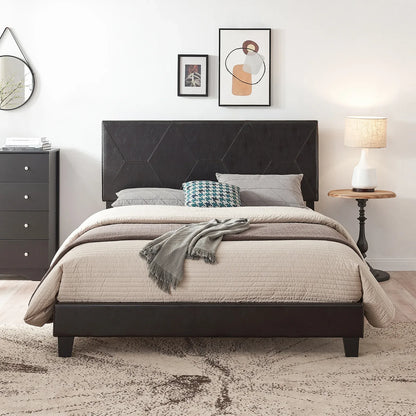Queen Size Upholstered Platform Bed Frame Wood Slat Support Easy Assembly Black pu - Shello's Creative Boutique
