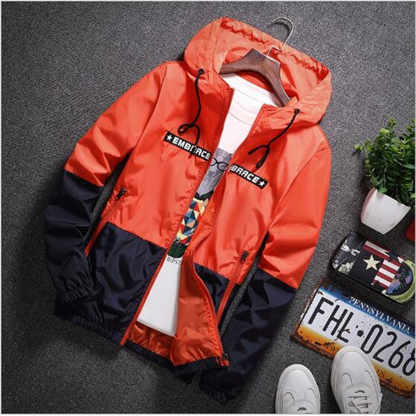  Spring Autumn Bomber Hooded Jacket Men Casual Slim Patchwork Windbreaker Jacket Male Outwear Zipper Thin Coat Brand Clothing