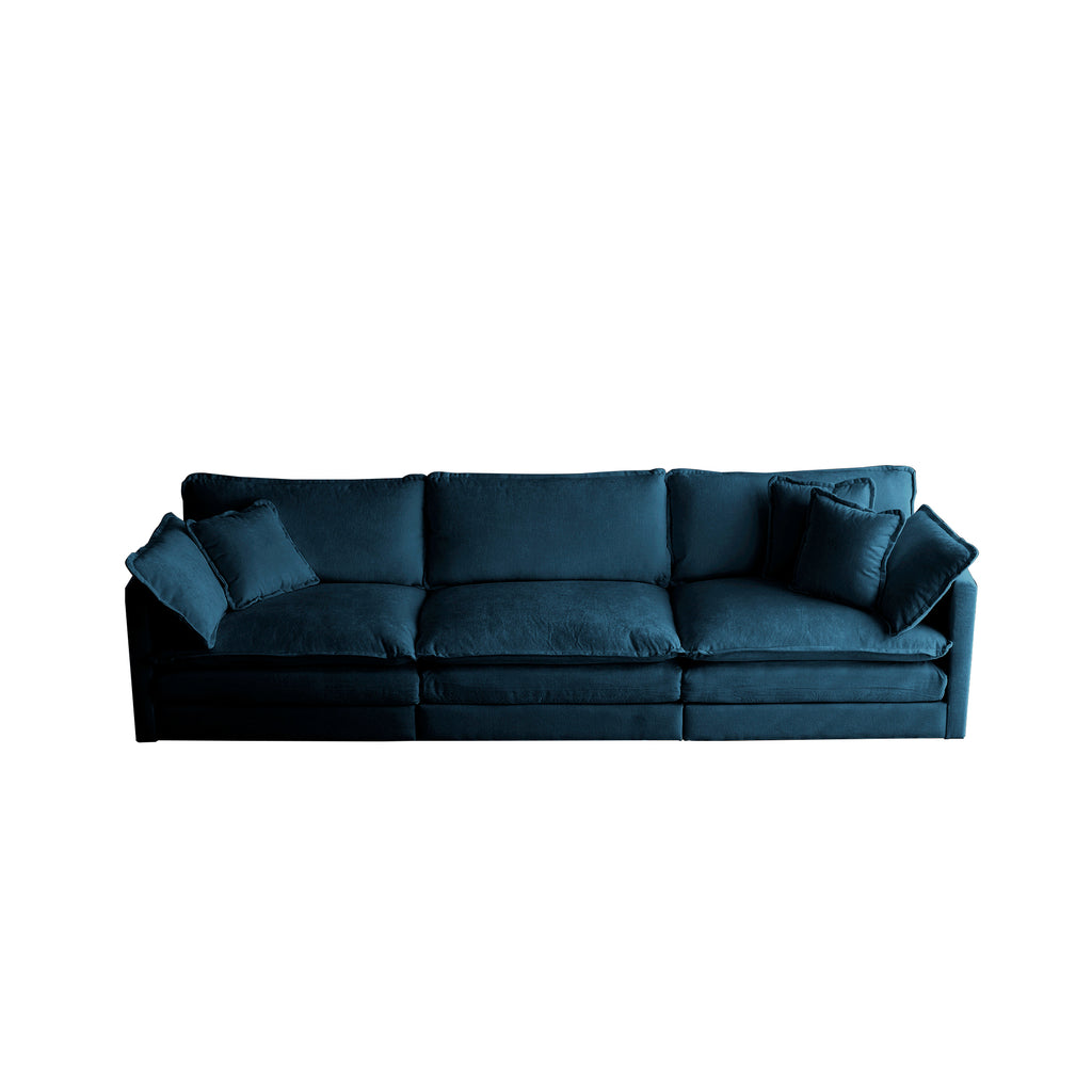Mid-Century Modern Couch 3-Seater Sofa with 2 Armrest Pillows and 3 Toss Pillows, Couch for Living Room Blue Chenille Shello Creative Boutique
