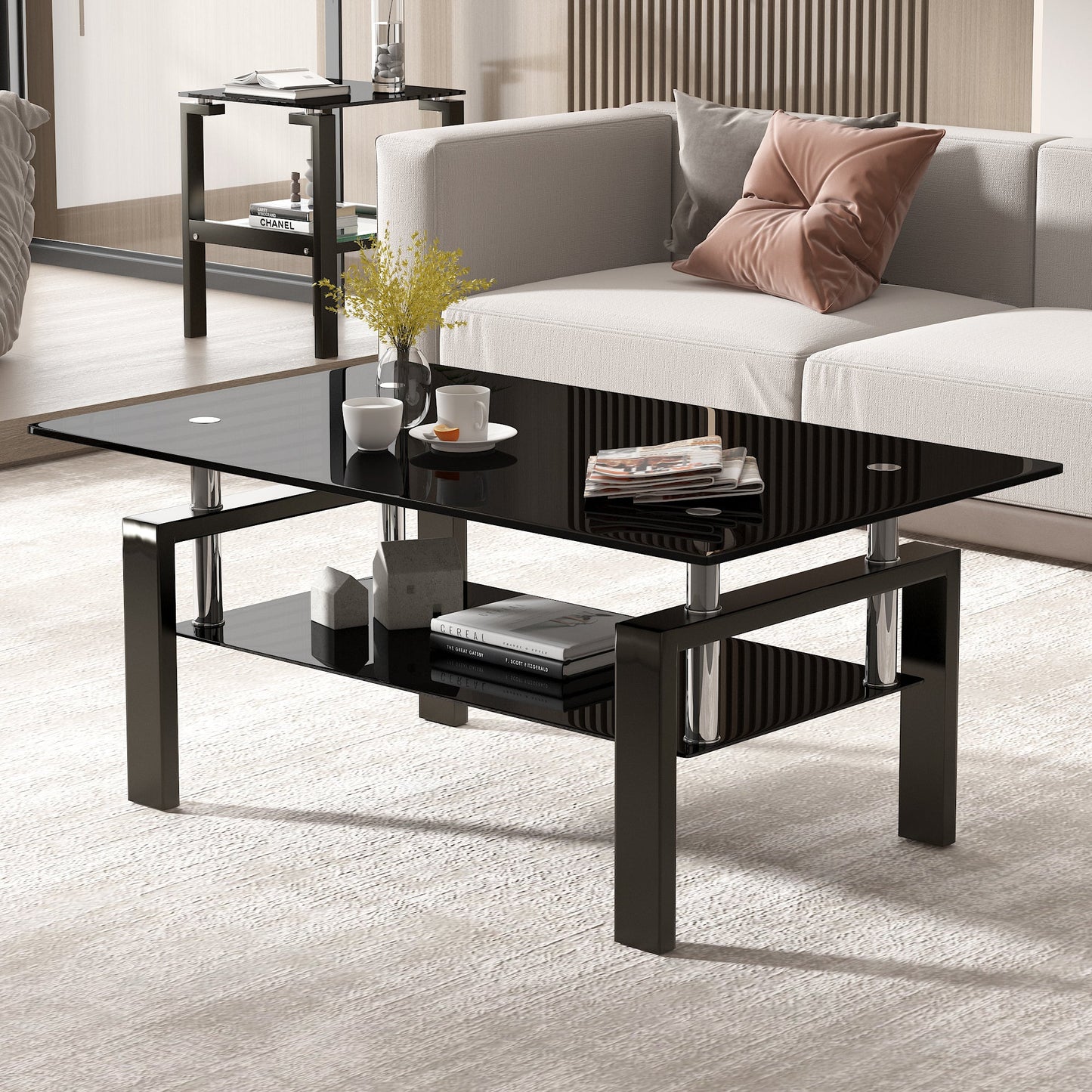 Black Tempered Glass Coffee Table, 2 Layer Storage Tea Table eprolo