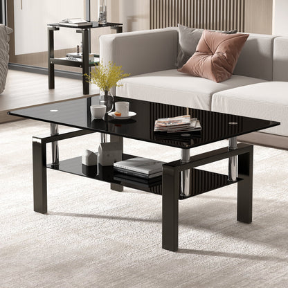 Black Tempered Glass Coffee Table, 2 Layer Storage Tea Table eprolo