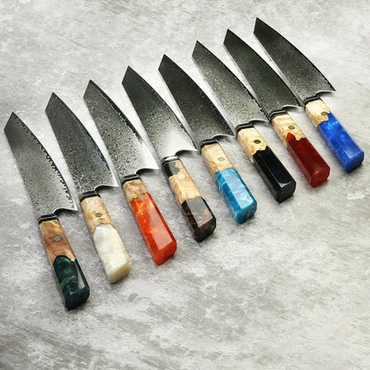 Amberknife 8-Inch Kiritsuke Knife – 67 Layers VG10 Damascus Steel with Stabilized Wood Handle - Shello's Creative Boutique