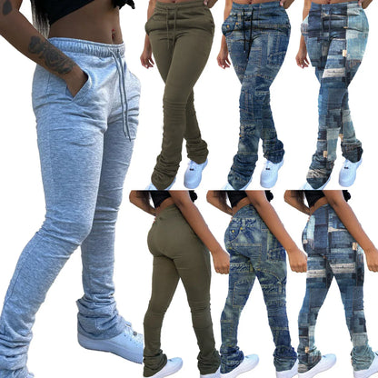 Elevate Your Style Women's Fashion Faux Denim Print Drawstring Elastic Waist Pants! - Shello's Creative Boutique