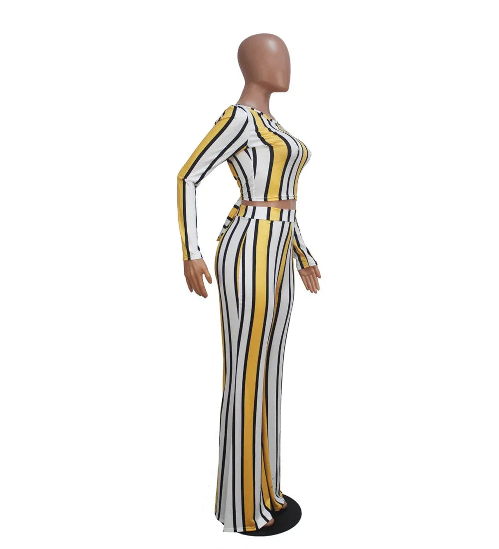 Sexy 2 two piece set top and pants autumn outfits tracksuit women long sleeve wide leg pants striped print - Shello's Creative Boutique