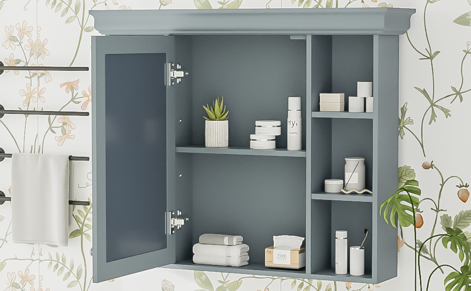 35 ''x 28' 'blue wall mounted bathroom storage cabinet with mirror door and medication cabinet with 6 open shelves eprolo