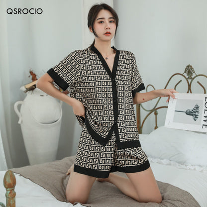 QSROCIO Women's Pajamas Set Luxury Fashion Cross Letters Print Short Sleeve Sleepwear Silk Like Leisure Home Clothes Nightwear eprolo