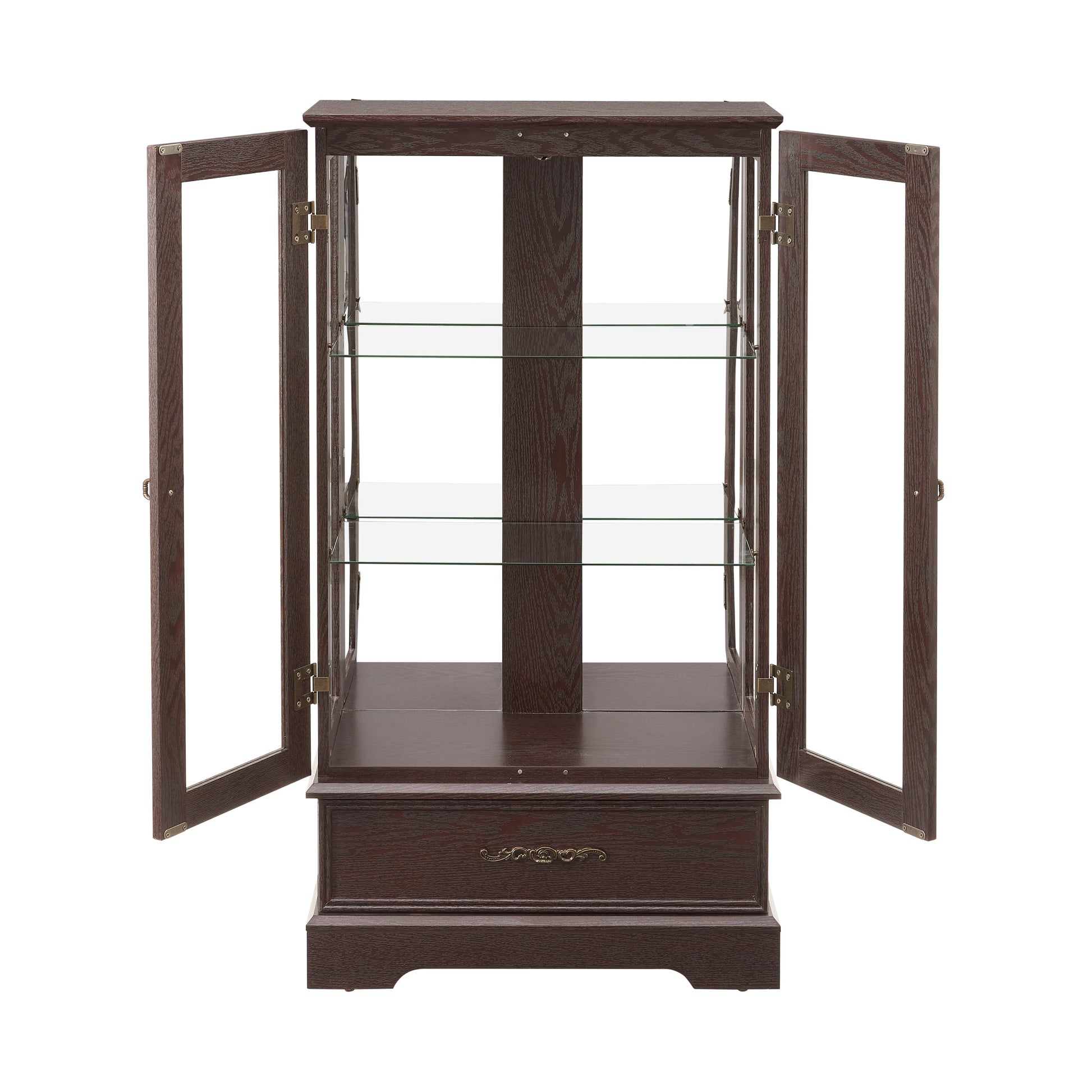 Light colored glass cabinet with adjustable glass frame Curio display cabinet, 2 doors and 1 drawer light bulb cherry color eprolo