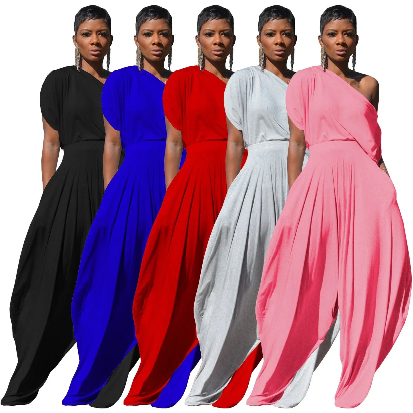 Casual solid color cotton diagonal shoulder Harlan pants set, two-piece set - Shello's Creative Boutique