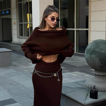 Winter Knitted Two Piece Set for Women Elegant Off Shoulder Sweater Pullover Top Slim Skirt Suit Fashion Office Ladies Outfits eprolo