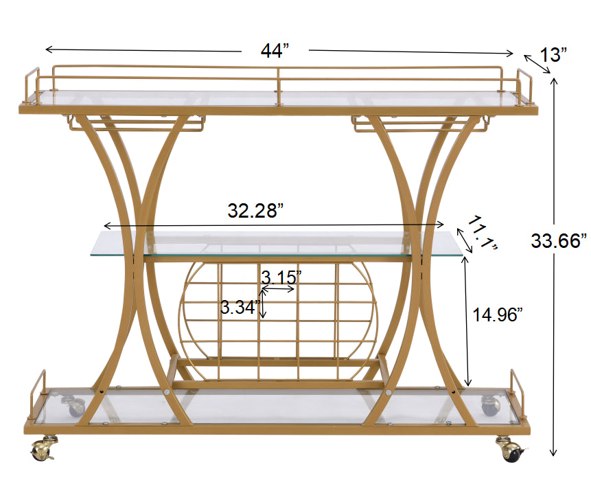 Golden Bar Cart with Wine Rack Tempered Glass Metal Frame Wine Storage eprolo