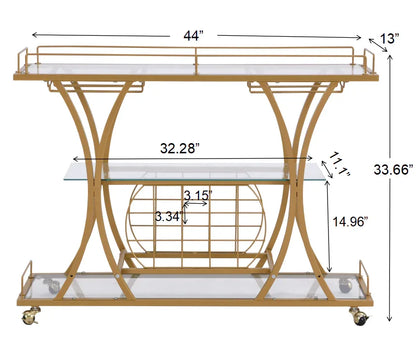 Golden Bar Cart with Wine Rack Tempered Glass Metal Frame Wine Storage - Shello's Creative Boutique