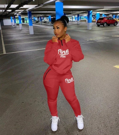 Fall Winter Tracksuits Two Piece Set Women Pink Letter Print Sport Casual Outfits Zip Sweatshirt Top+Pants Set Women Sweat Suits - Shello's Creative Boutique