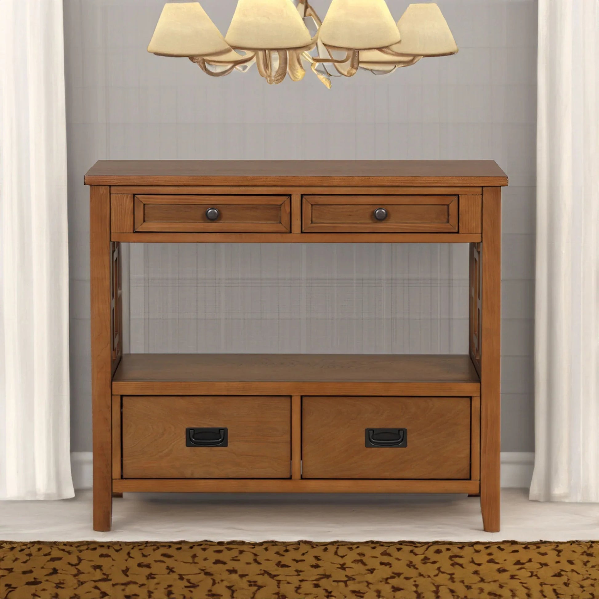 36'' Farmhouse Pine Wood Console Table Entry Sofa Table with 4 Drawers & 1 Storage Shelf (Brown) - Shello's Creative Boutique