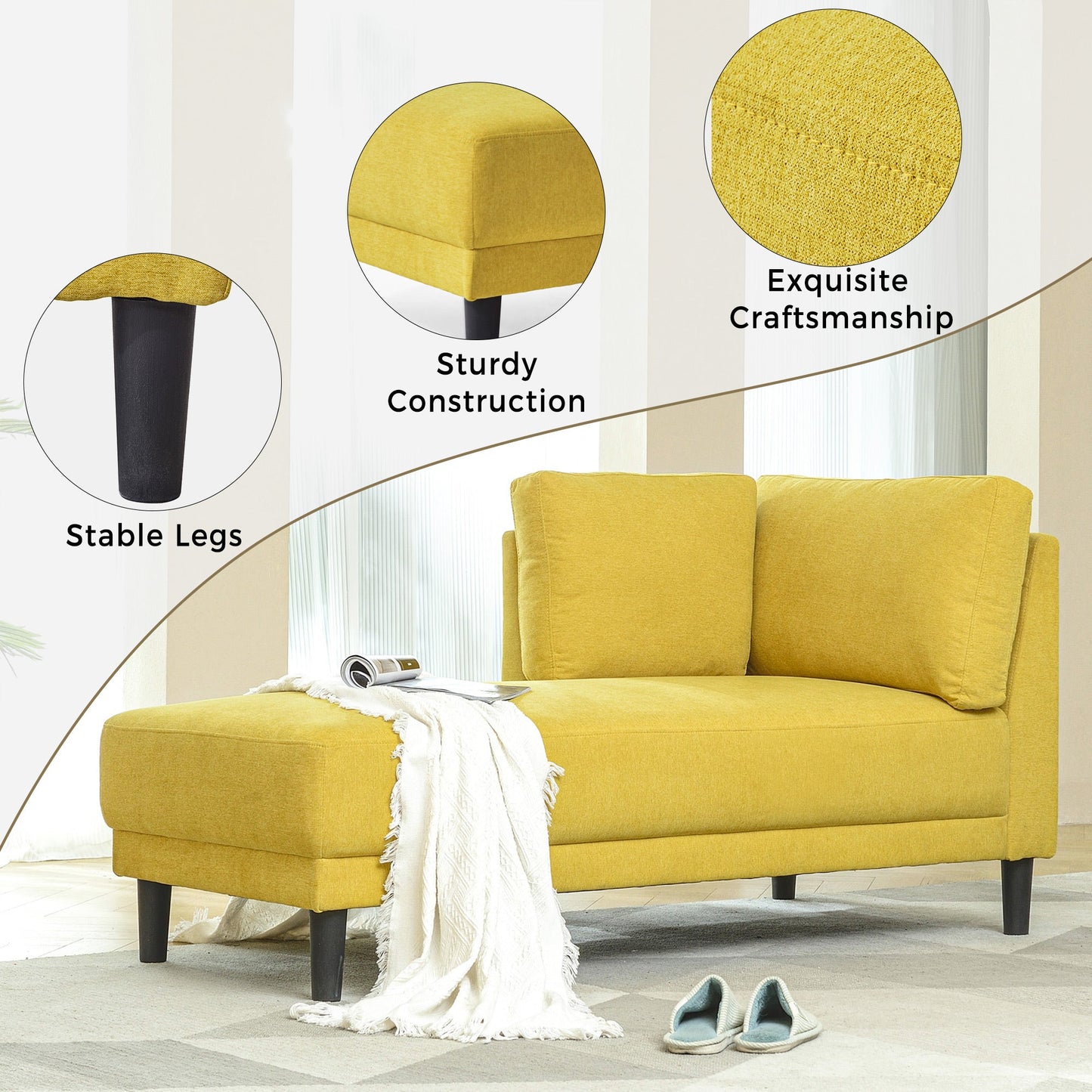 65" Mid-Century Modern Fabric Corner Lounge Chair Upholstered Indoor Chaise Lounge for Bedroom eprolo