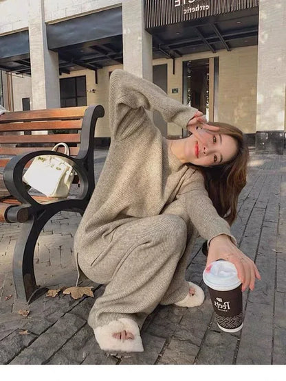Knitted Sweater Suit Women's Autumn And Winter New Style Net Red Fashion Temperament Wide Leg Pants Two-Piece Set - Shello's Creative Boutique