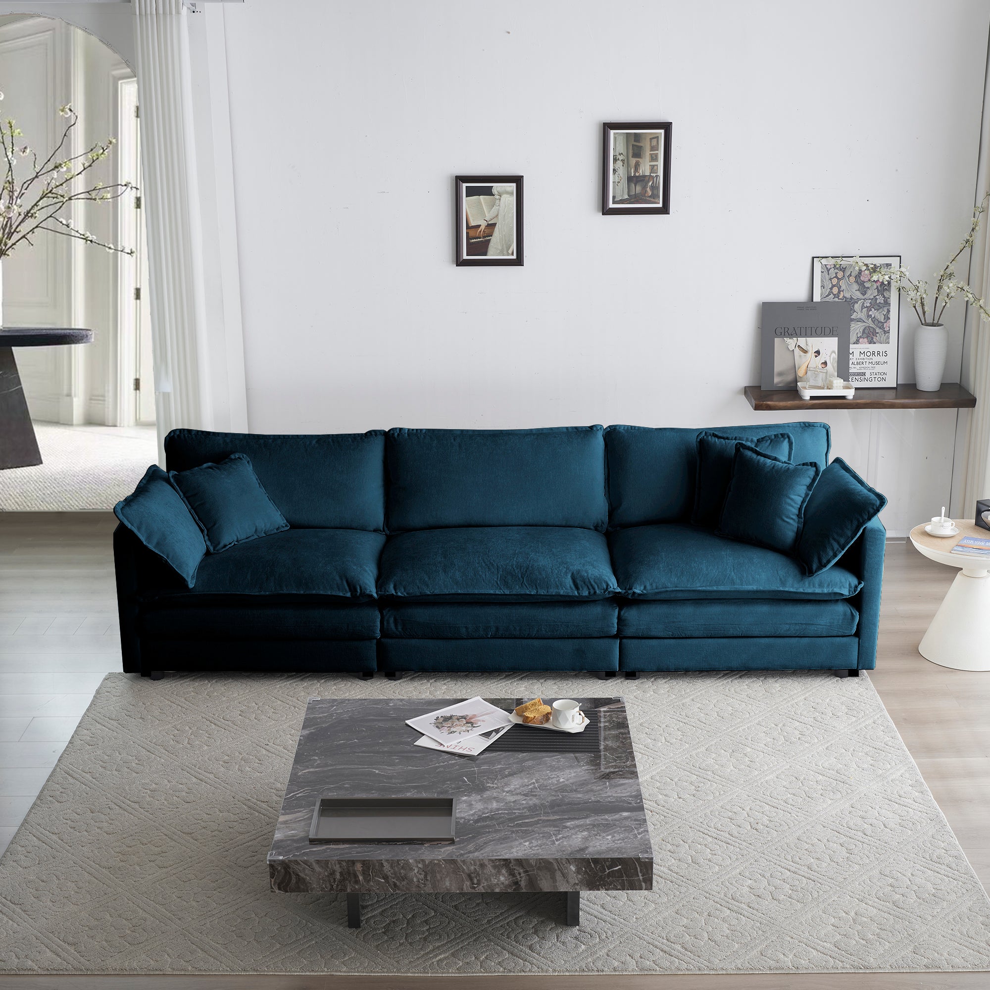 Mid-Century Modern Couch 3-Seater Sofa with 2 Armrest Pillows and 3 Toss Pillows, Couch for Living Room Blue Chenille Shello Creative Boutique