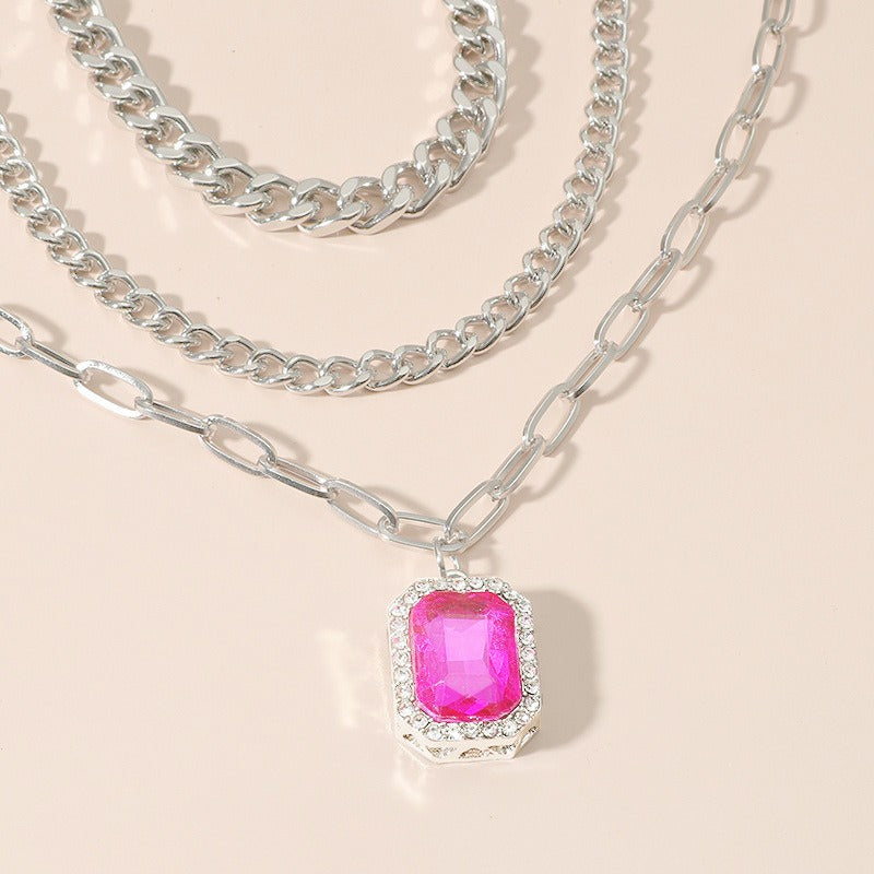 Diamond inlaid multi-layer necklace minimalist square pendant three piece set eprolo