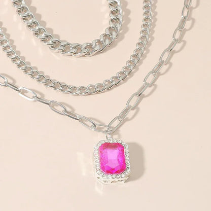 Diamond inlaid multi-layer necklace minimalist square pendant three piece set - Shello's Creative Boutique