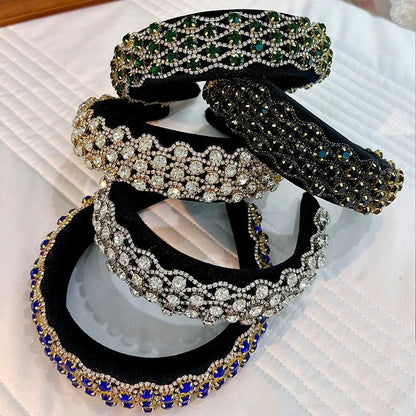 Fashionable full set rhinestone wide edge solid color sponge head hoop - Shello's Creative Boutique