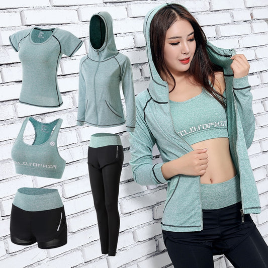 Women Yoga Sport Suit quick Dry Bra Set 5 Piece Female Short-sleeved shorts long pants Outdoor Sportswear Fitness suit eprolo