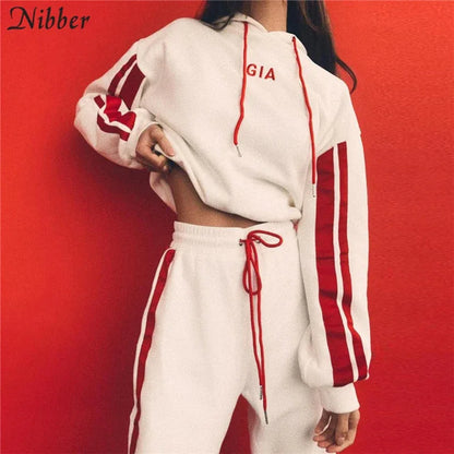Nibbe spring Autumn fashion women Sportswear 2 piece set women White Red Active Wear Casual Sweat Pants Hooded Sweatshirt Hoodie - Shello's Creative Boutique