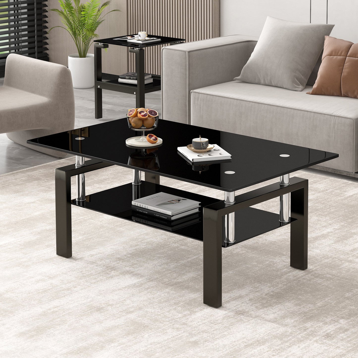 Black Tempered Glass Coffee Table, 2 Layer Storage Tea Table eprolo