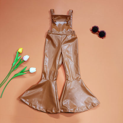 Children's Wear New Ins Style Children's Wear Girls' Suspenders Imitation Leather Pants Bow Bell Bottoms eprolo