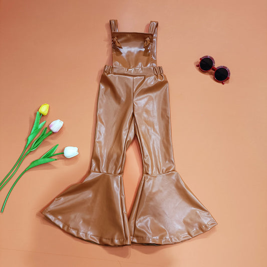 Children's Wear New Ins Style Children's Wear Girls' Suspenders Imitation Leather Pants Bow Bell Bottoms eprolo