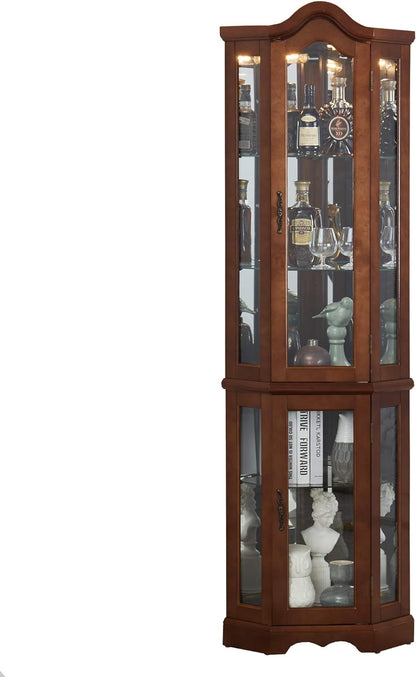 Corner Curio cabinet, adjustable tempered glass frame, rearview mirror, display cabinet, walnut wood (excluding E26 bulbs) eprolo