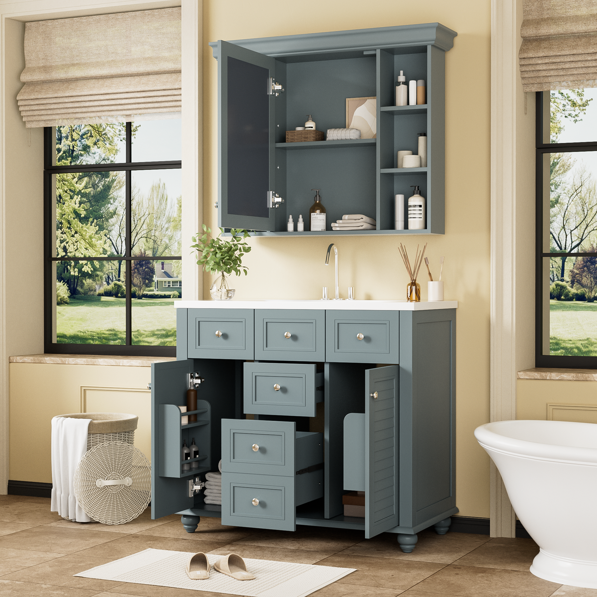 36 inch modern mirror cabinet with adjustable shelves, 2 soft closing doors, and 6 drawer storage cabinet door organizers eprolo