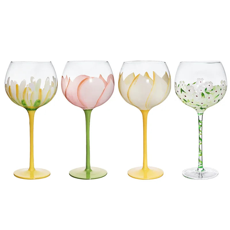 1 Piece Hand Painted Glass Goblet Cup Creative Red Wine Glasses Cup Flower Painted Stemware for Wedding Party Events eprolo
