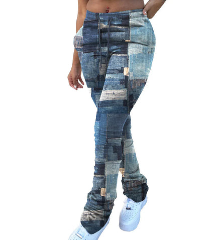 Elevate Your Style Women's Fashion Faux Denim Print Drawstring Elastic Waist Pants! - Shello's Creative Boutique