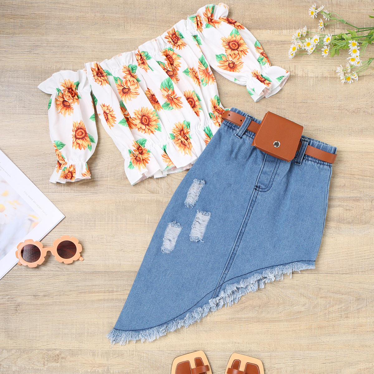 Girls New Korean Version Of Long Sleeve Sunflower Flared Top + Solid Color Suspender Skirt Two-Piece Set Shello Creative Boutique