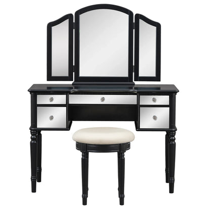 Dressing Table Set with Mirrored Drawers and Stool, Tri-fold Mirror, Makeup Vanity Set - Shello's Creative Boutique