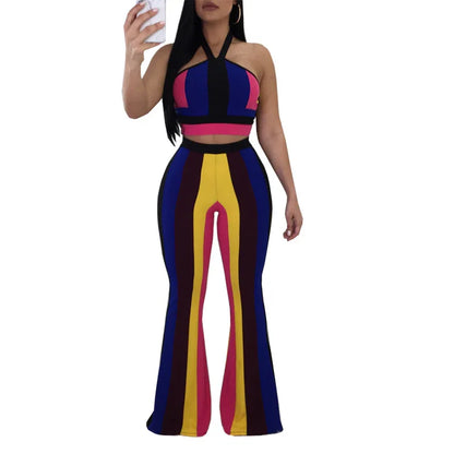 Sexy Rainbow Wide Leg Pants Set Sling Short Top Two Piece Set Summer Clothes Women's Suit - Shello's Creative Boutique